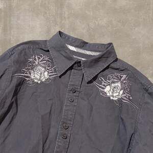 Guess Embroidered Button Up Shirt Black Eagle Roses Y2K Streetwear Size 16/18